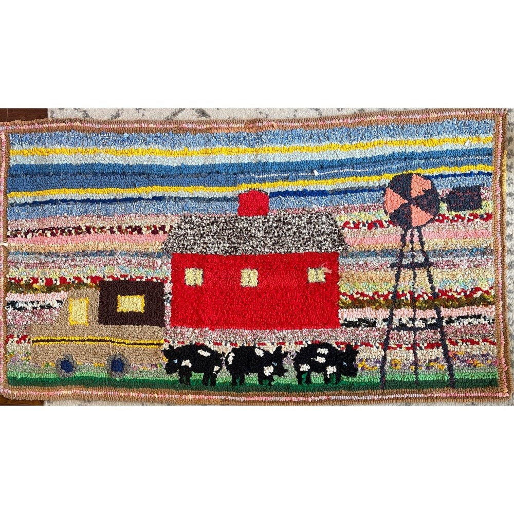 VTG Boho Grandma Cottage Core Rug Folk Art Hooked Farm Red Barn 46.75" X 28.5"